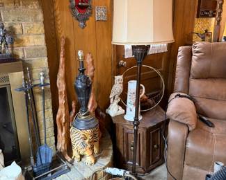 Vintage six sided accent table with storage, metal base floor lamp with vintage shade, owl and vintage ceramics, copper coal/wood  container