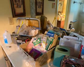 Lots of bathroom items, hose, knee hight socks