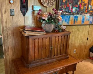 Vintage solid wood coffee table with drawer, and vintage storage cupboard/side table
