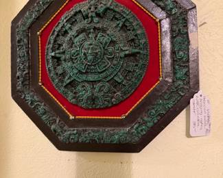 Mayan Sun Calendar wall art 1960-70's, malachite and wood