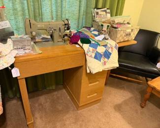 Mid-Century Modern sewing cabinet, lots of sewing notions and tools