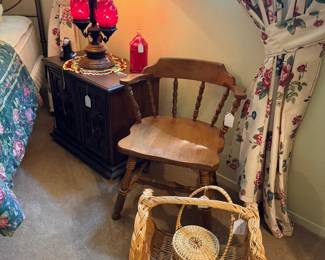Mid-Century Italian Mediterranian/Colonial Revival styal bedside cupboard with storage, vintage oak chair and baskets
