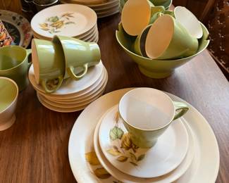 Vintage Mid-Century Modern Malamine dinner ware, avocado green and leaf design