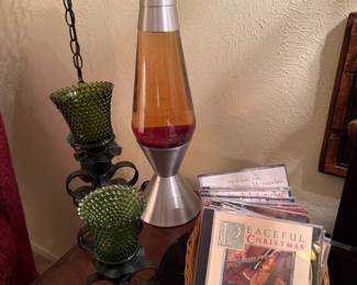 Vintage working lava lamp, metal Spanish Revival candle holder, CD's