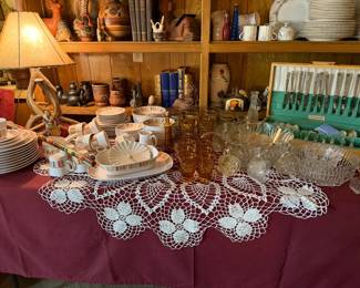 Vintage Amber Indiana Glass, Whitehall, cubist footed stemware, punch bowl with cups and ladle, large doily