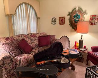 Musical instruments, great tapestary sofa and cushions