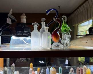 Vintage bottles, vintage art glass, prisms