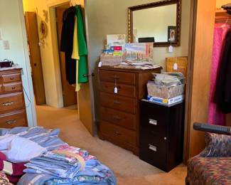 Looking across the guest room, vintage 5 drawer chest, metal steelcraft filing cabinet