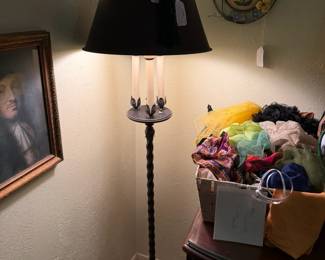 Vintage iron3 light tole floor lamp with original drum shade