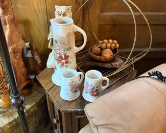 Vintage German large pitcher with mugs, vintage wood fruit, vintage metal wire magazine holder