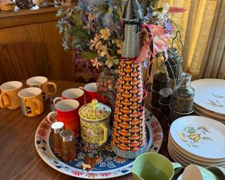 Vintage tray, florals, vintage Spanish, mid-century plastic woven and glass drink decanter