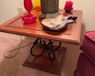 MC solid wood top and metal scroll details, accent table. Great MC glass and accent pieces