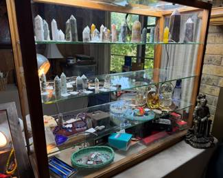 Collection of prisms, vintage cameras, art glass