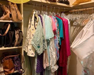 Lots of purses and bags, ladies shoes, nightware, hats