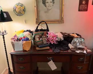 Full view of Bassette writing desk/dresser. Lots of vintage scarves, purses and gloves.