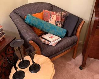 Accent chair, cushion including mid-century , marble style scalloped table, with MC metal candle holders