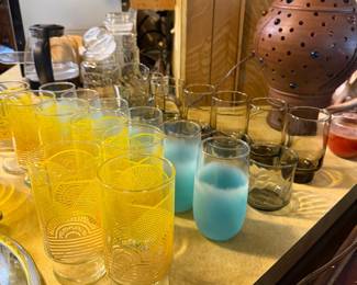 Vintage yellow lemonade tumblers, blue and smokey brown 