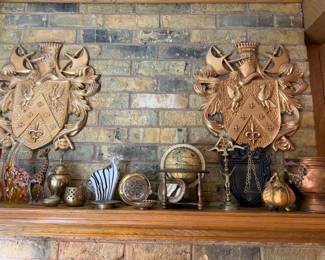 Wonderful vintage heraldic coat of arms placques, art glass, brass, copper