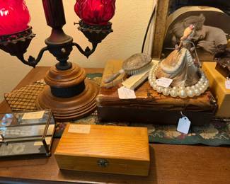 Vintage jewelry boxes, jewelry, silver plate brush and comb