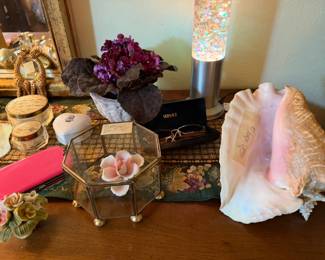 Vintage trinket boxes, jewelry boxes, shells, linens