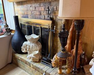 Large vintage black handmade pot, ceramic elephants, copper, brass items