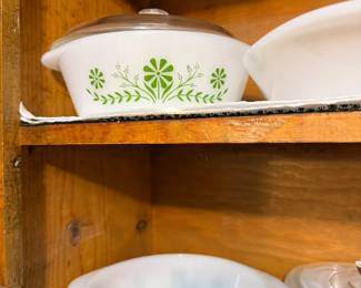 Vintage Glasbake casserole dishes with Green Daisy pattern
