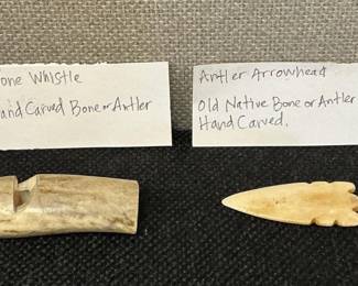 Lot # : 189 - Vintage Bone Whistle & Antler Arrowhead