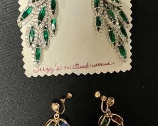 Lot # : 17 - Green Rhinestone and Multi-colored ClipOn Earrings