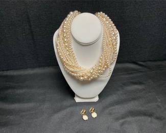Lot # : 8 - Vintage Trifari Clip-Ons & Faux-Pearl Necklace