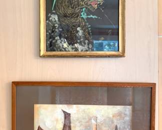 Framed Silk Painting and Watercolor