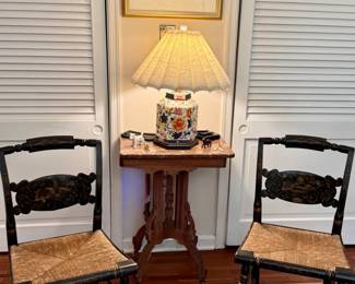 Pair Antique Hitchcock Chairs, Hexagon Oriental Lamp and Marble Top Stand