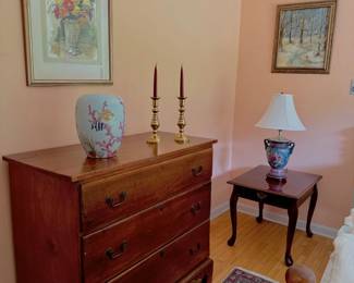 Primitive 3 Drawer Pone Chest, Ginger Jar, and VA Metal Crafters Candlesticks,