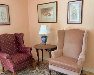 Pair Ceramic Lamps and Wing Back Chairs