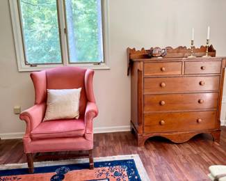 Primitive Pine Dresser, Wall Shelf, Imari Bowl, Brass Candlestick and Wing Back Chair