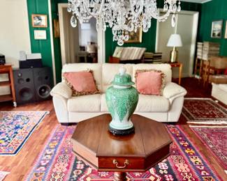 Mahogany Henkel-Harris Octagonal Table and Cabbage Leaf Temple Jar