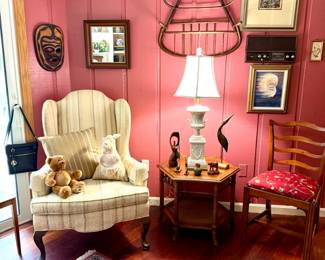 Wing Chair, Antique Coat Rack, Collectibles and Lamp