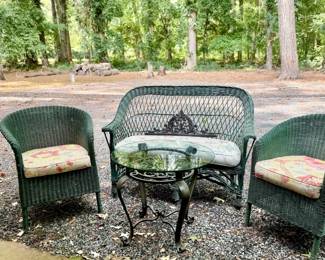 Antique Wicker and Cast Iron Metal Glass Top Table