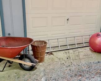 Wheel Barrow, Trash Cans, Ladder and Basket
