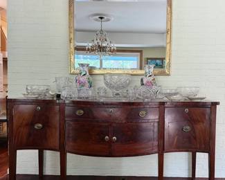 Antique Mahogany Side Board, Gold Leaf Mirror, Crystal and Vintage Lenox