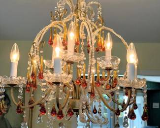 Italian 9 Arm Crystal and Amber Bird Cage Chandelier
