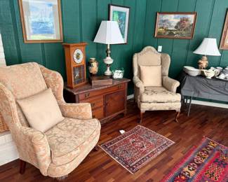 Antique Wing Back Chairs, Hollywood Regency Lamp, Clock, Satsuma Vase, Murano Crystal Bowl & Chinese Wooden Box