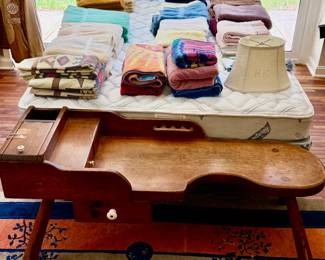 Antique Cobbler's Bench, Linens, Full Head Board and New Mattress