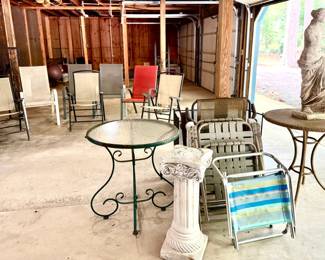 Lawn Chairs, Tables and Statue