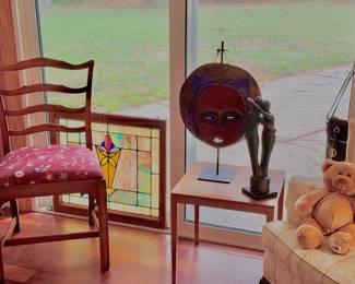 Pair Antique Ribbon Back Chairs, Stain Glass Window, Mask and Statue