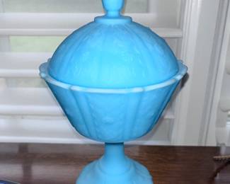 Vintage blue Fenton or Indian glass candy dish