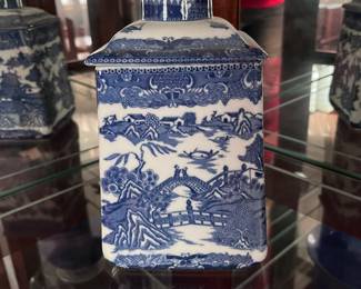 Vintage blue and white pattern tea jar