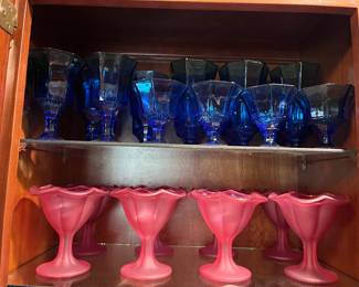 Vintage anchor hocking, cobalt blue, tulip, dessert, glasses, and pink cranberry rose glasses