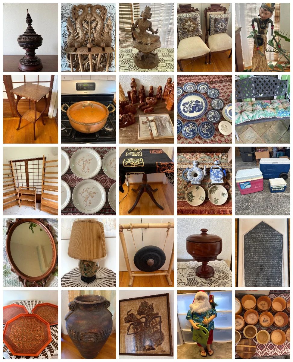 SOUTHEAST ASIAN TREASURES CTBids Online Auction • Bidding Ends 07/23/26 • Pickup 07/25 & 07/26/26 This auction features a plethora of vintage Southeast Asian decor including art, carvings, wall hangings, textiles, puppets, brass, woven rug & more from Thailand, Bali, Burma, Indonesia, Japan, Tibet & other exotic locales, rare antique, vintage and modern furniture, exquisite costume & fine jewelry pieces, woodblock prints, glass fishing floats, kitchen goods, collectibles, household items, plants, outdoor furniture, lacquerware, CDs, books and so much more! Over 500 lots in this auction! Happy bidding!