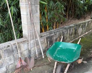 SAT393 - 3 Rakes, Shovel, And Wheelbarrow