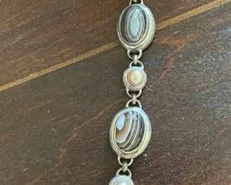 SAT487 - Vintage Sterling Silver Agate & Pearl Link Bracelet